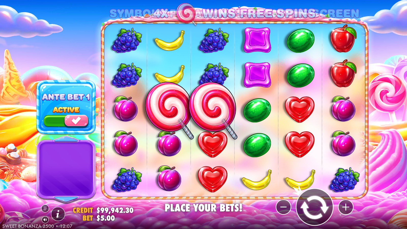 Two lollipop scatters landing side by side beneath a free-spins banner on the Sweet Bonanza 2500 grid