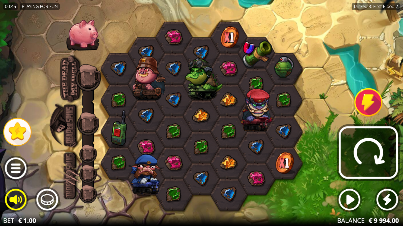 Tanked 3 First Blood 2 base game grid showing the hexagonal 4-5-6-5-6-5-4 layout with character symbols and colour-coded gems