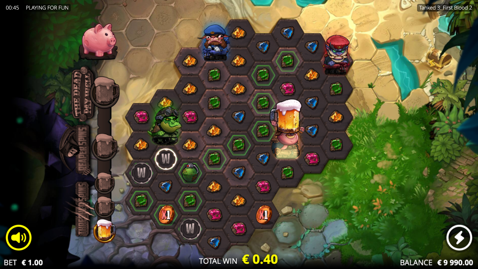 Tanked 3 First Blood 2 tumble win cluster with characters collecting same-colour gems mid-cascade