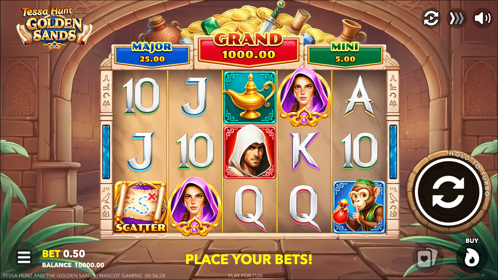 Tessa Hunt and the Golden Sands base game grid showing the Egyptian desert layout with card royals and ankh premiums in view