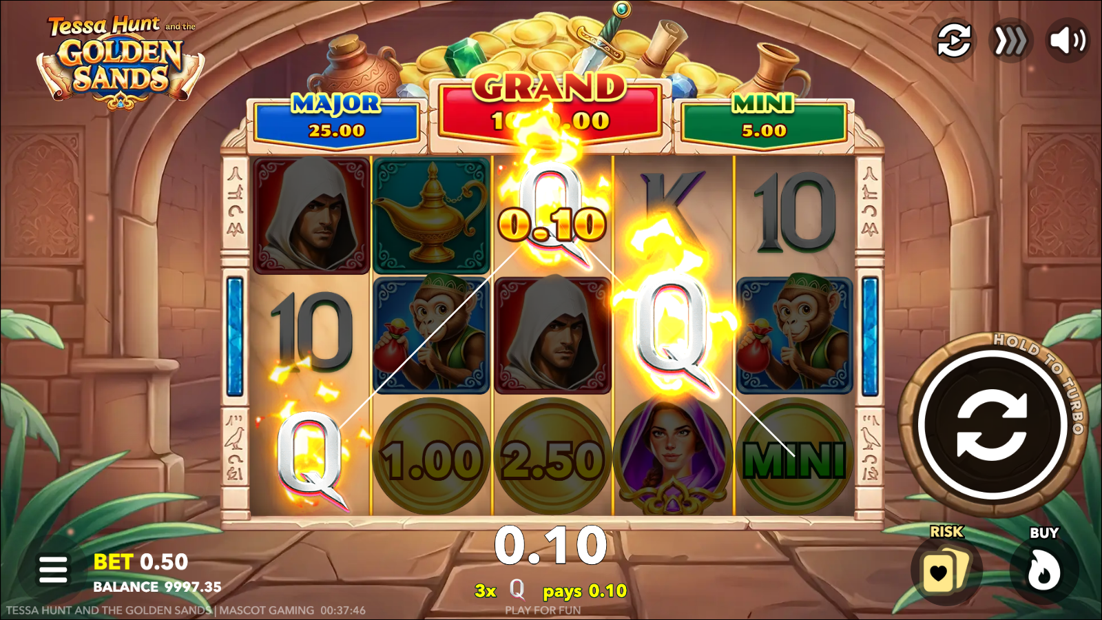 Jackpot coin landing on the grid during Tessa Hunt and the Golden Sands, gold coin symbol marked with a jackpot tier indicator