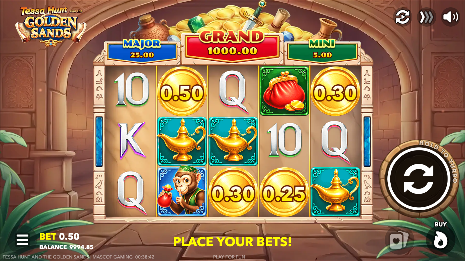 Hold and Win bonus round during Tessa Hunt and the Golden Sands with a cluster of Coin symbols stuck in position