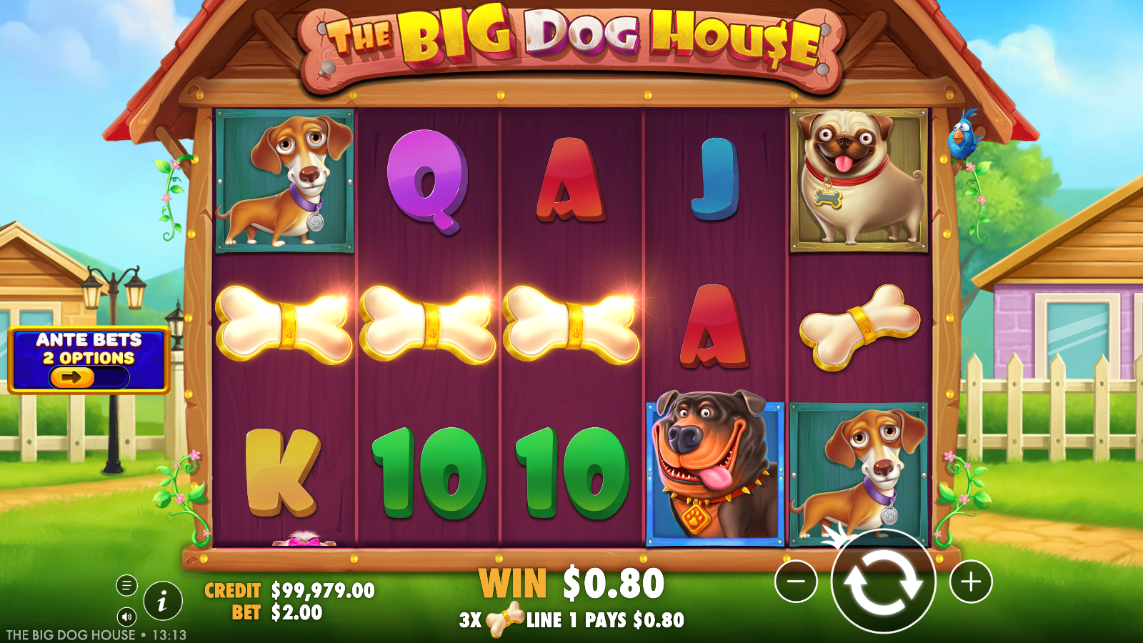 The Big Dog House base game 5×3 grid with a winning payline highlighted across the centre row