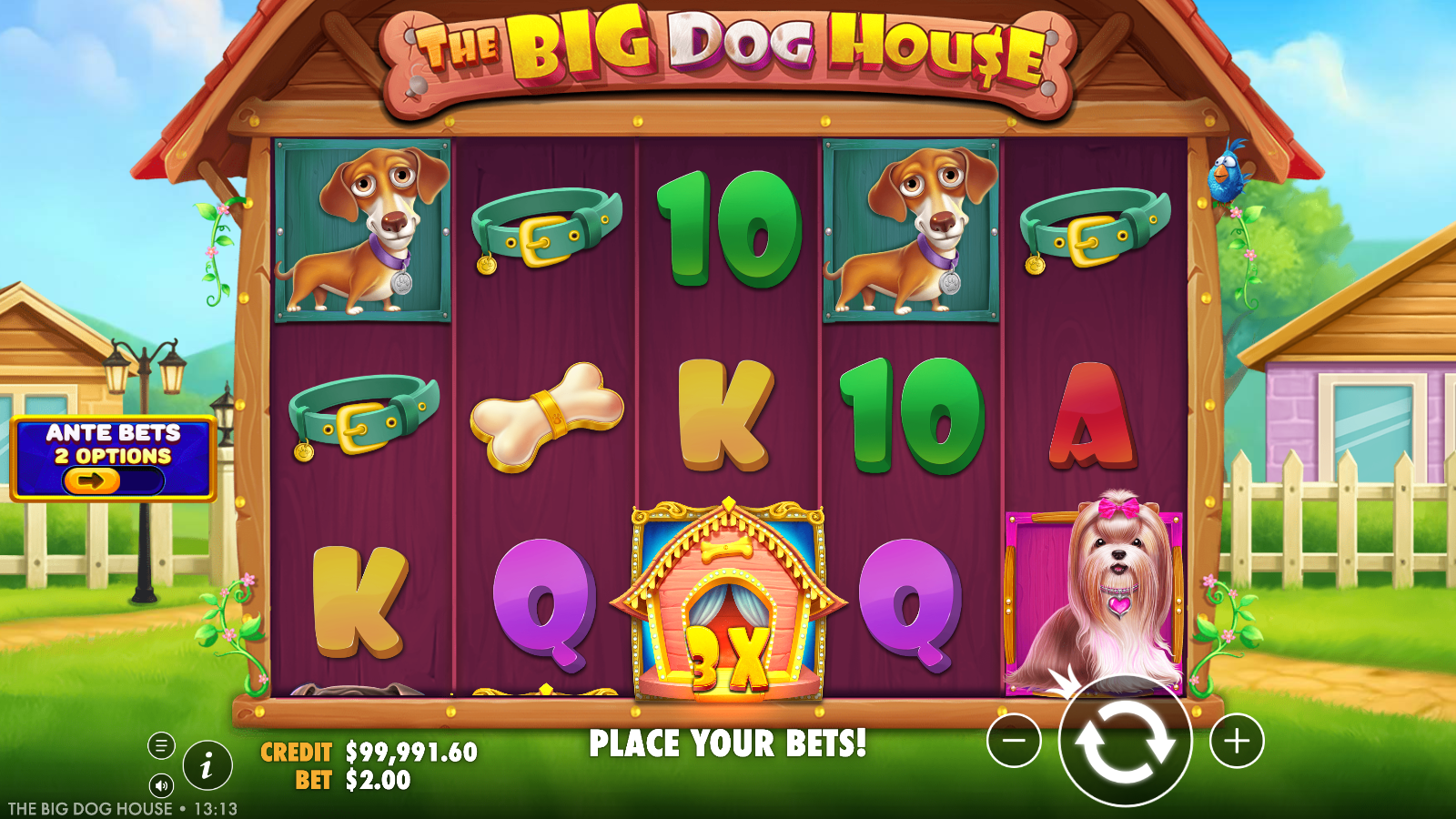 An expanded 1×3 dog-house multiplier wild filling a middle reel of The Big Dog House
