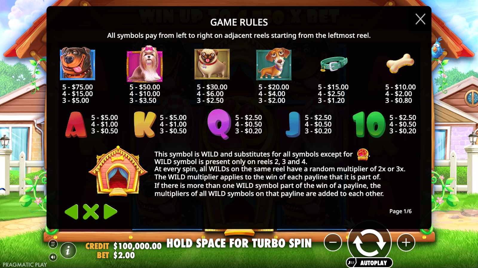 The Dog House in-game GAME RULES paytable page showing the wild substitution rule and the 2x or 3x multiplier mechanic with additive multiplier rule