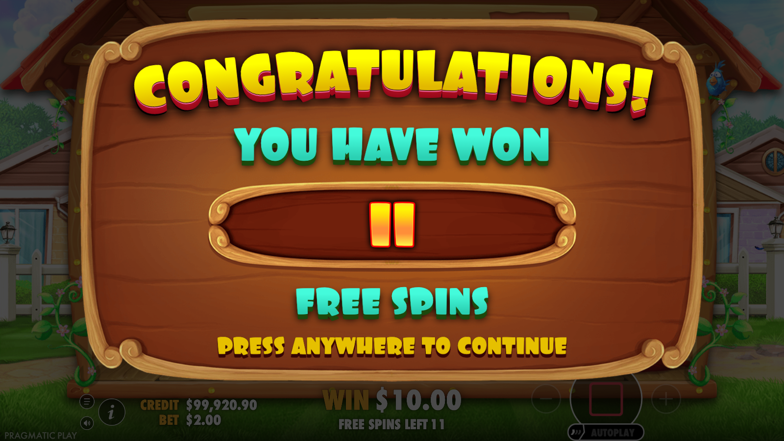 The Dog House feature intro card reading CONGRATULATIONS YOU HAVE WON 11 FREE SPINS after the scatter trigger resolved on the bonus wheel