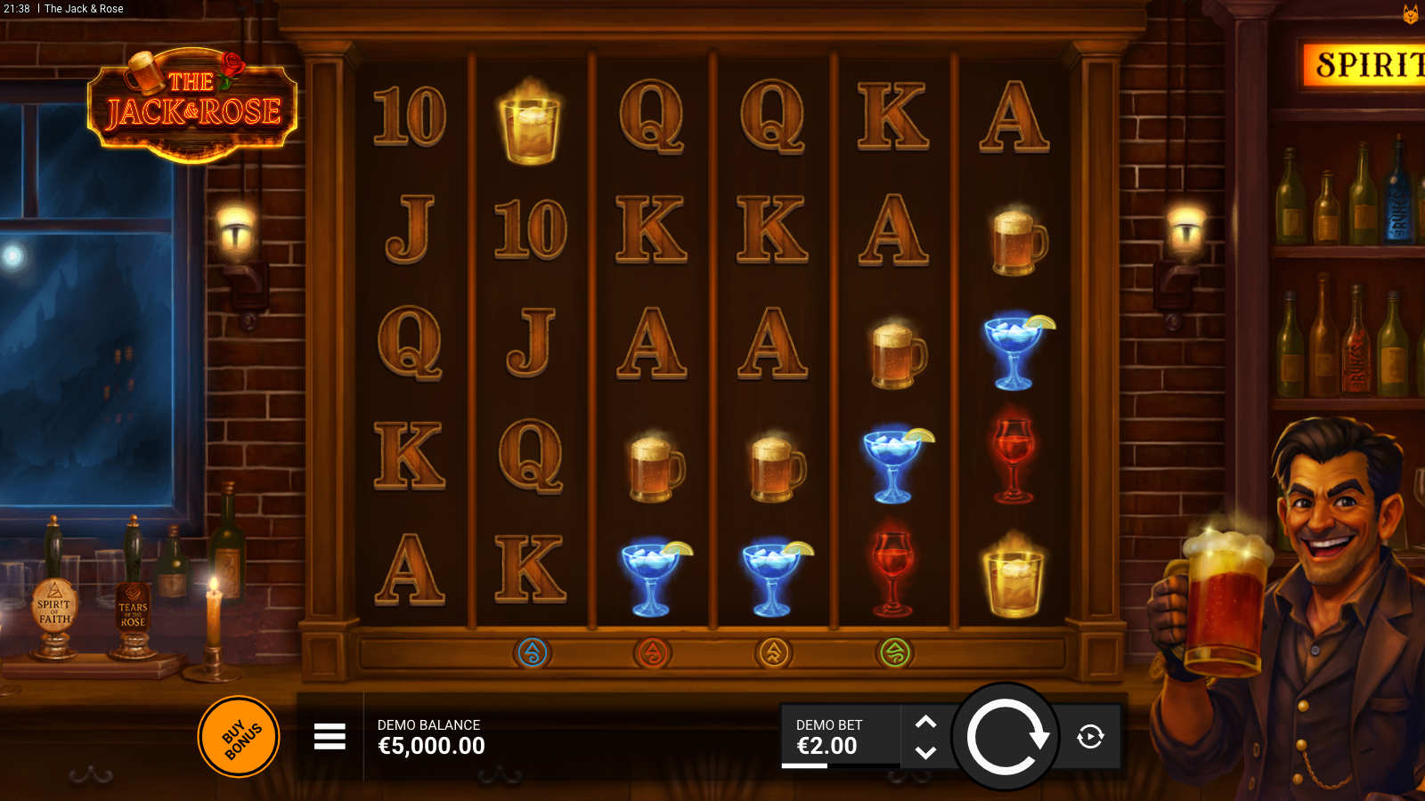 The Jack & Rose base game grid with card lows, drink premiums and the Jack and Rose character art flanking the reels at a mid-tier stake