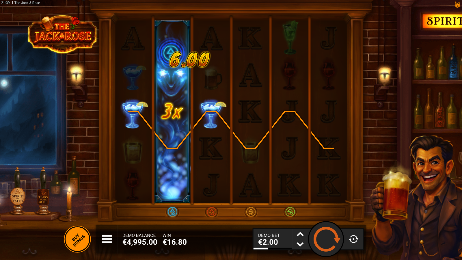 Spirit Reels activate on reel 2 with Faye's blue wild stack lighting the column and a 3× multiplier badge printing mid-grid on an 8.4× stake win