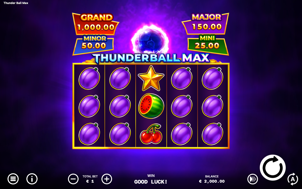 Thunder Ball Max base game 5 by 3 fruit grid with the four jackpot tiers Grand, Major, Minor and Mini on the ladder above the reels