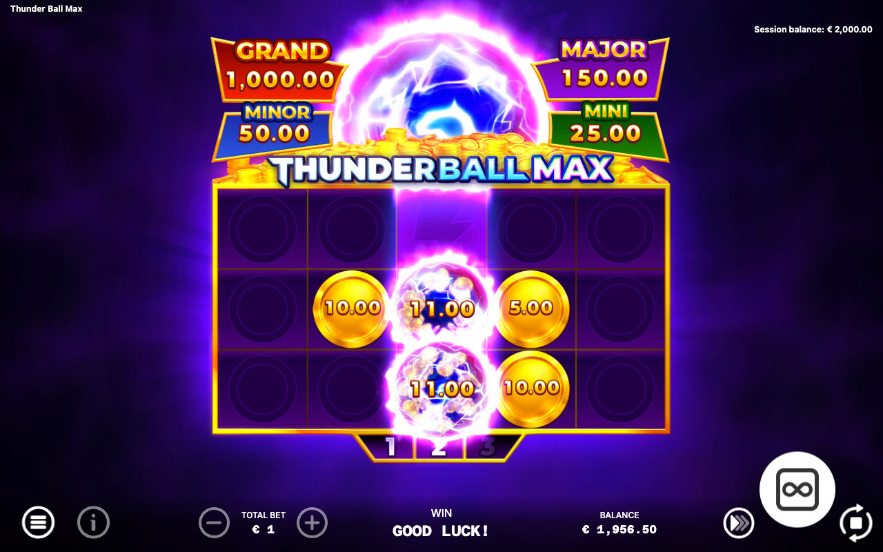 Thunder Ball Max Hold and Win feature in action with golden coins locked on the grid and the respin counter running as the Thunderball collects