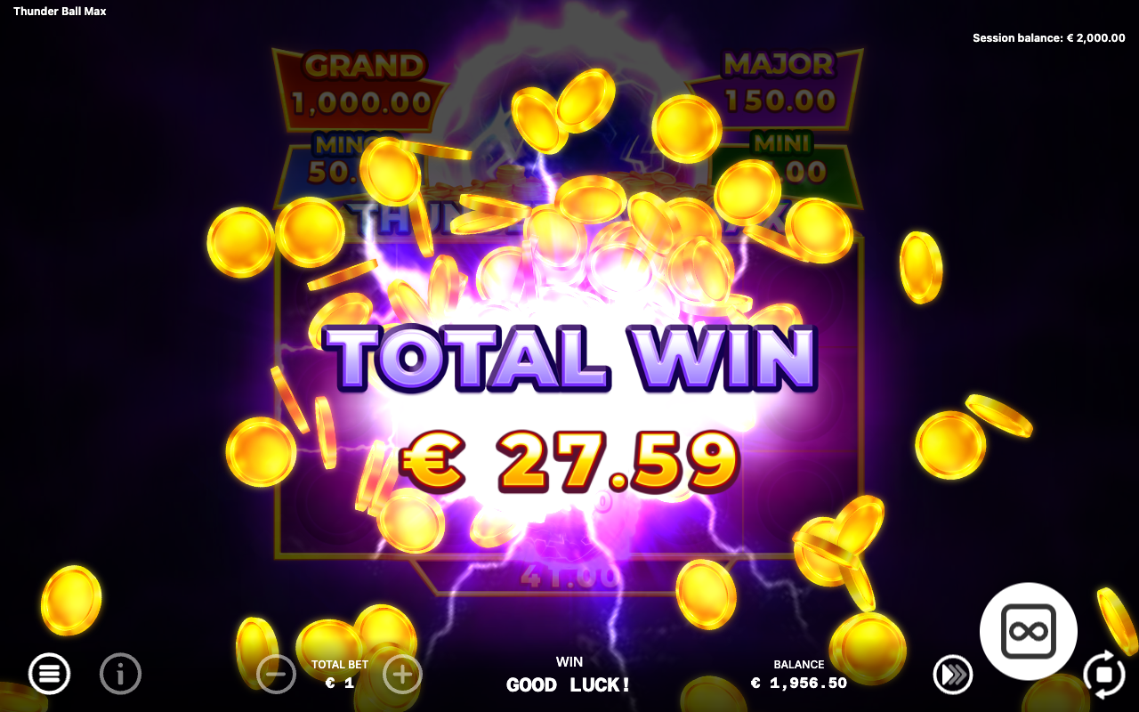 Thunder Ball Max Hold and Win result screen showing the round's collected total amid a burst of golden coins