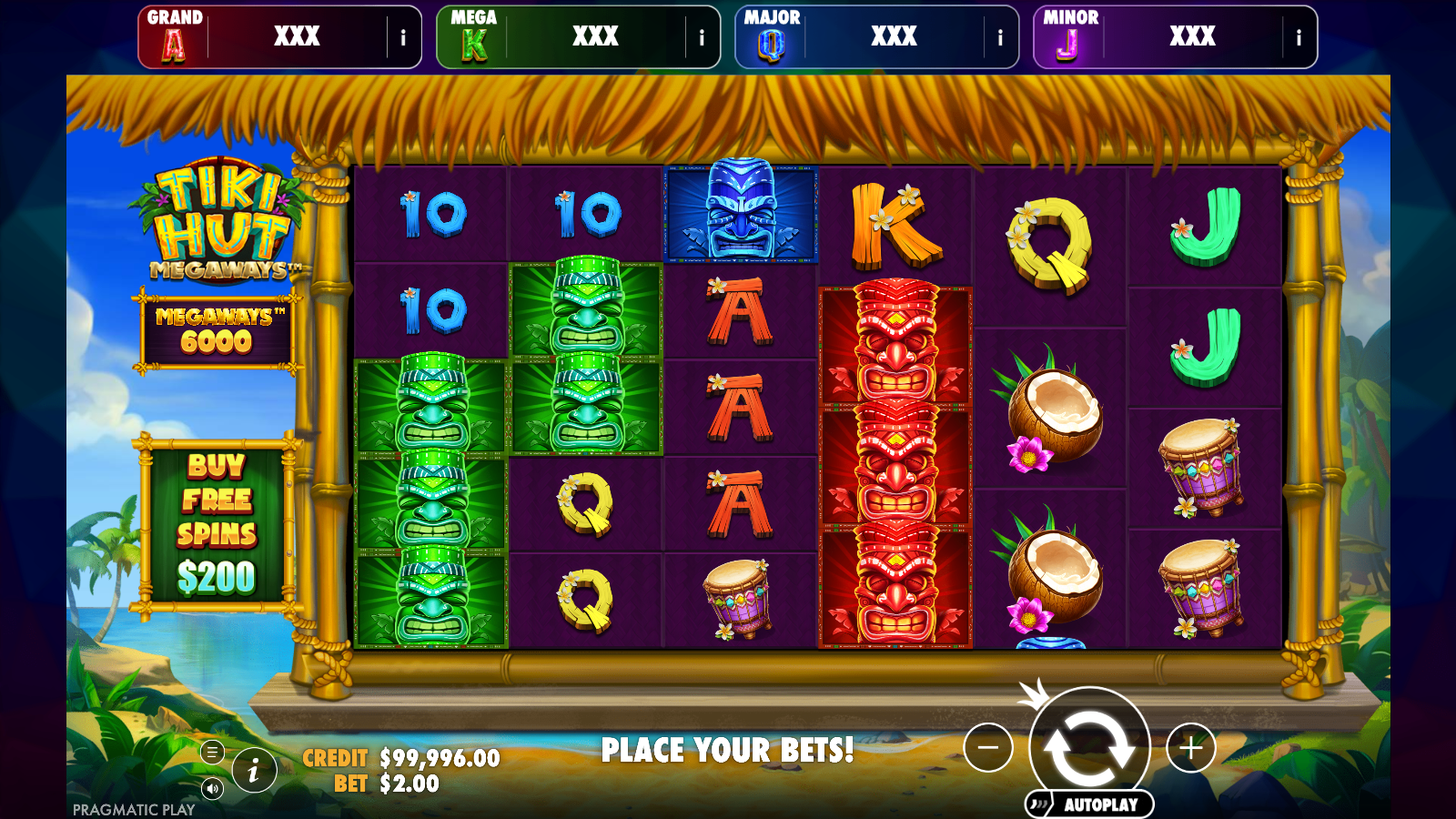 Tiki Hut Megaways Jackpot Play base game with the Grand, Mega, Major and Minor jackpot bar above the reels and the Megaways counter reading 6000