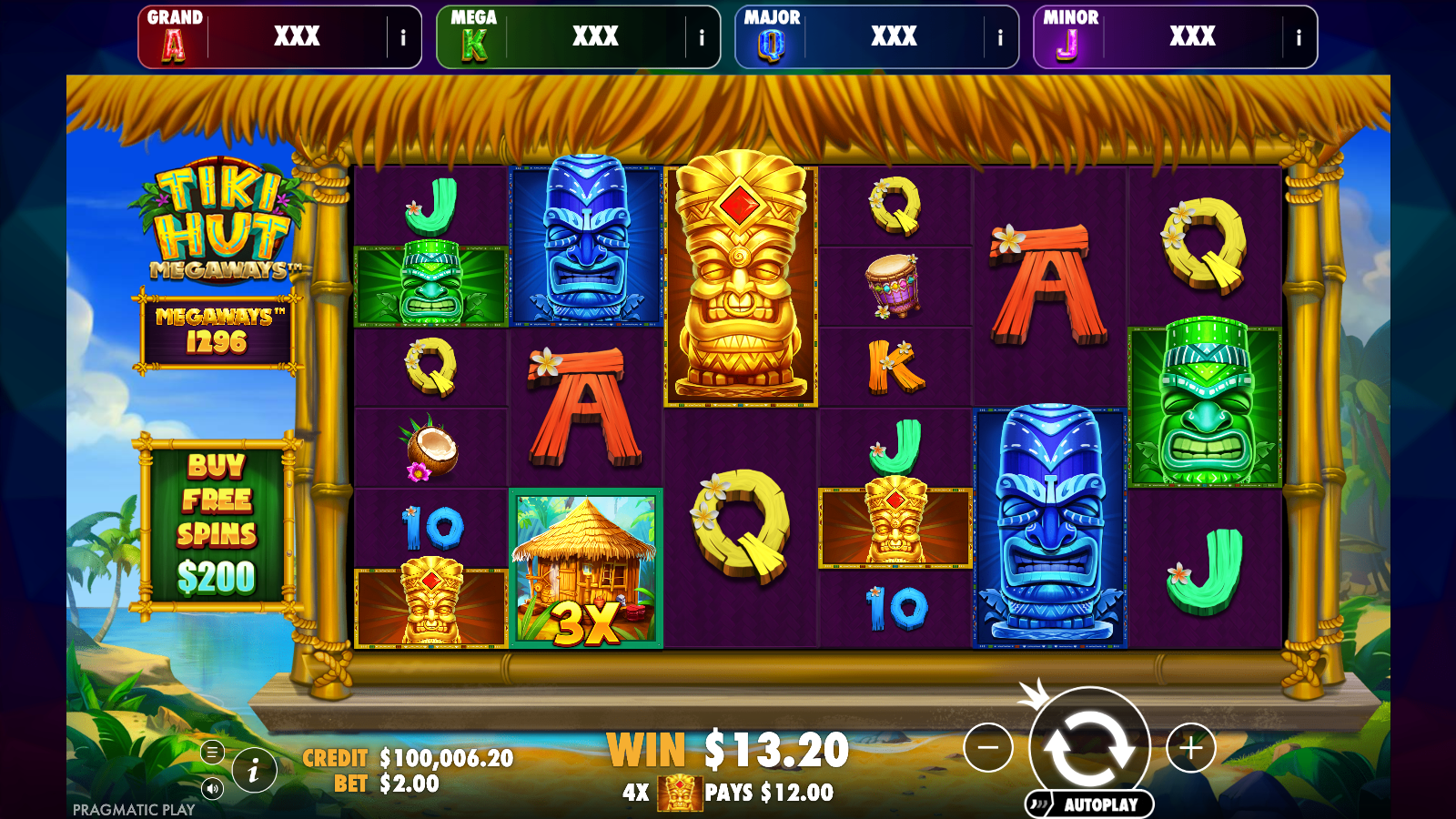 A tiki hut wild symbol marked 3x on the second reel during a paying spin, with the win readout showing four gold tiki masks paying