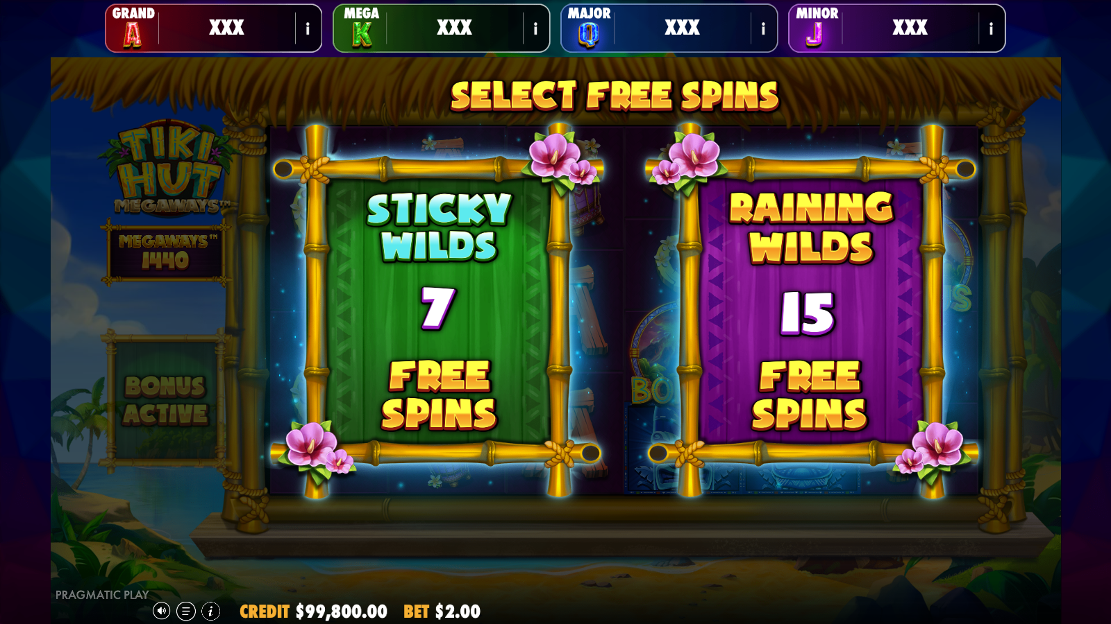 The Select Free Spins screen offering Sticky Wilds with 7 free spins or Raining Wilds with 15 free spins