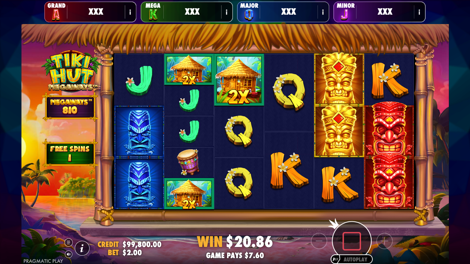 Sticky Wilds free spins round with three hut wilds marked 2x stuck on the second and third reels and one free spin remaining