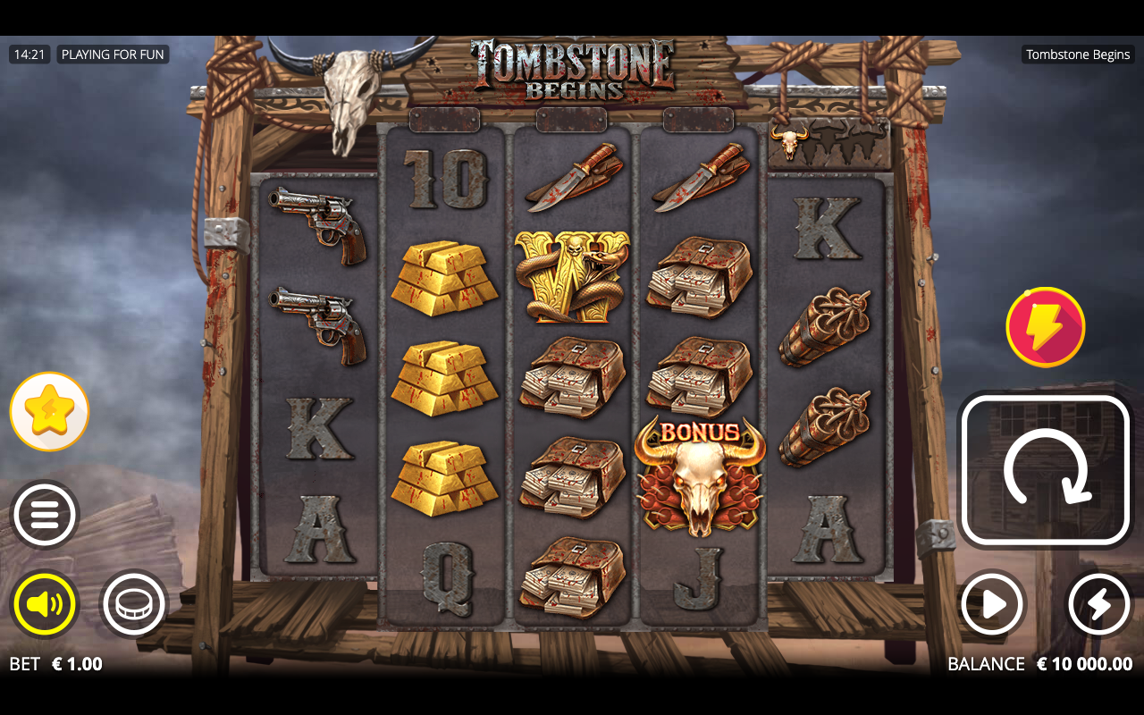 Tombstone Begins base game on the 4-5-5-5-4 grid with Western symbols, gold bars, dynamite and a Bonus scatter, playing for fun