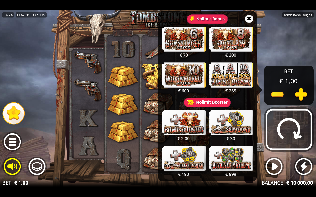 Tombstone Begins Feature Buy menu showing Gunslinger, Outlaw and Widowmaker free-spin packages plus the Nolimit Booster buys, each with a bet-multiple price
