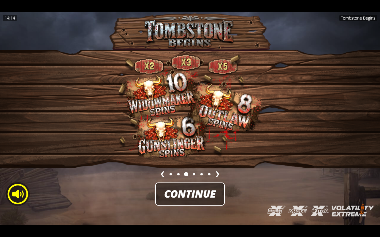 Tombstone Begins feature overview showing the three free-spin tiers, Widowmaker 10, Outlaw 8 and Gunslinger 6 spins, with times-two, times-three and times-five badges