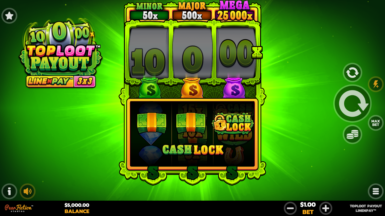 CashLock respin in progress with locked money-bag reels and a CASH LOCK overlay