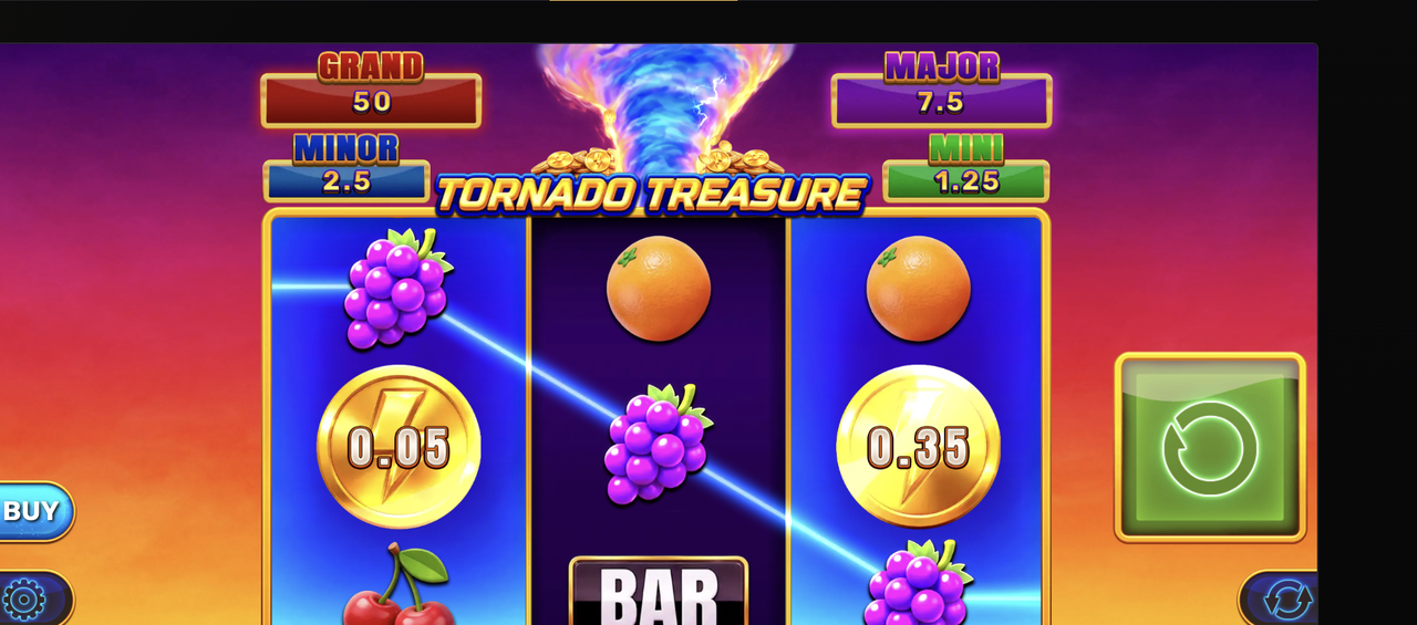 Tornado Treasure Hold and Hit 3x3 base game with four-tier jackpot ladder and 3x3 grid