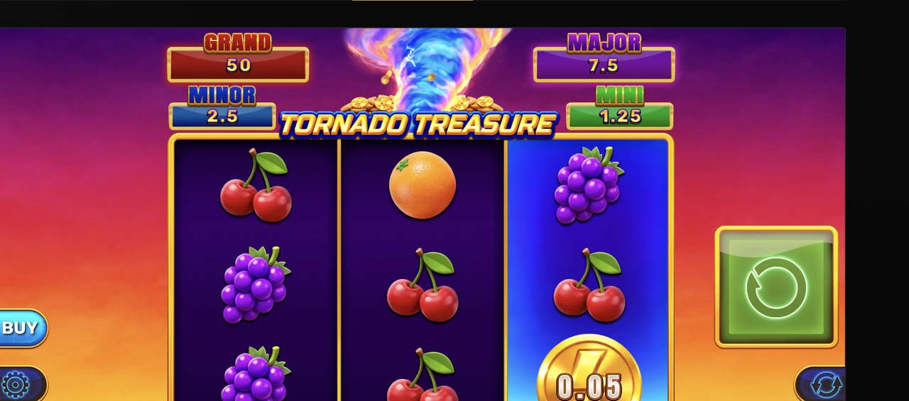Tornado Treasure mid-spin with cherries paying a line-win on the central reel