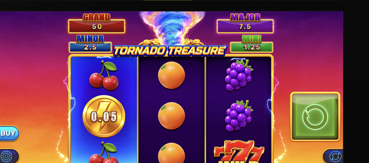 Tornado Treasure showing the 777 Wild symbol on reel three alongside a coin scatter