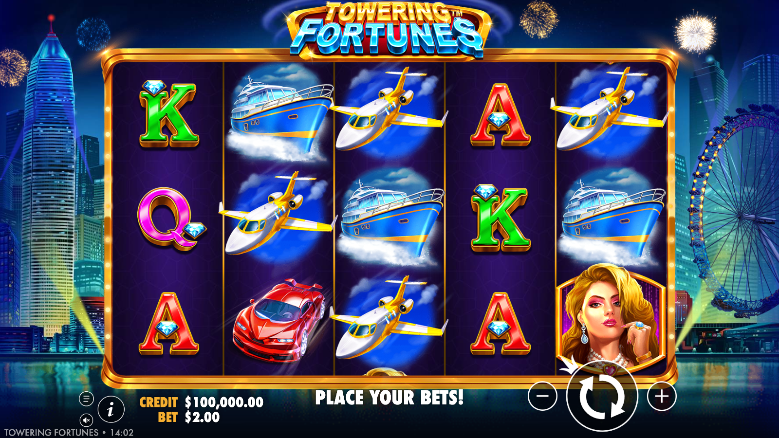 Towering Fortunes base game, a 5×3 grid of luxury symbols over a neon Hong Kong skyline at a A$2 spin
