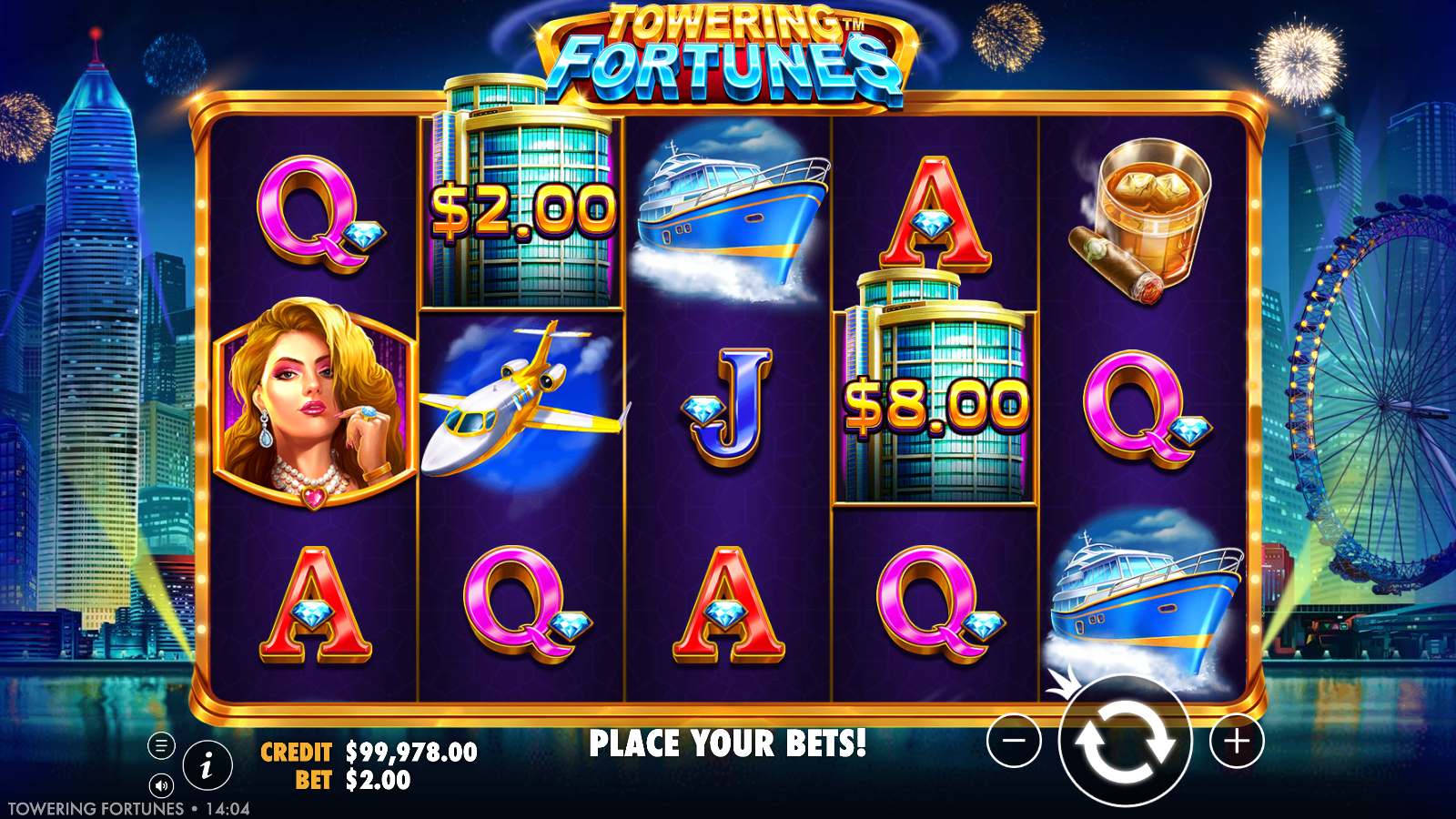 Two money skyscraper symbols on the Towering Fortunes base reels, one worth 1× the bet and one worth 4×