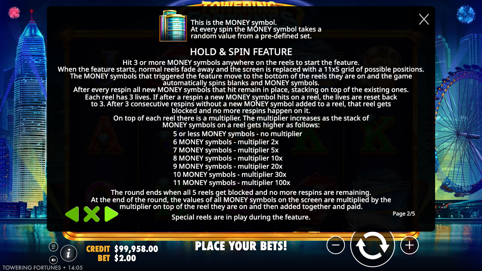Towering Fortunes in-game Game Rules page for the money symbol and Hold and Spin feature, showing the reel multiplier ladder