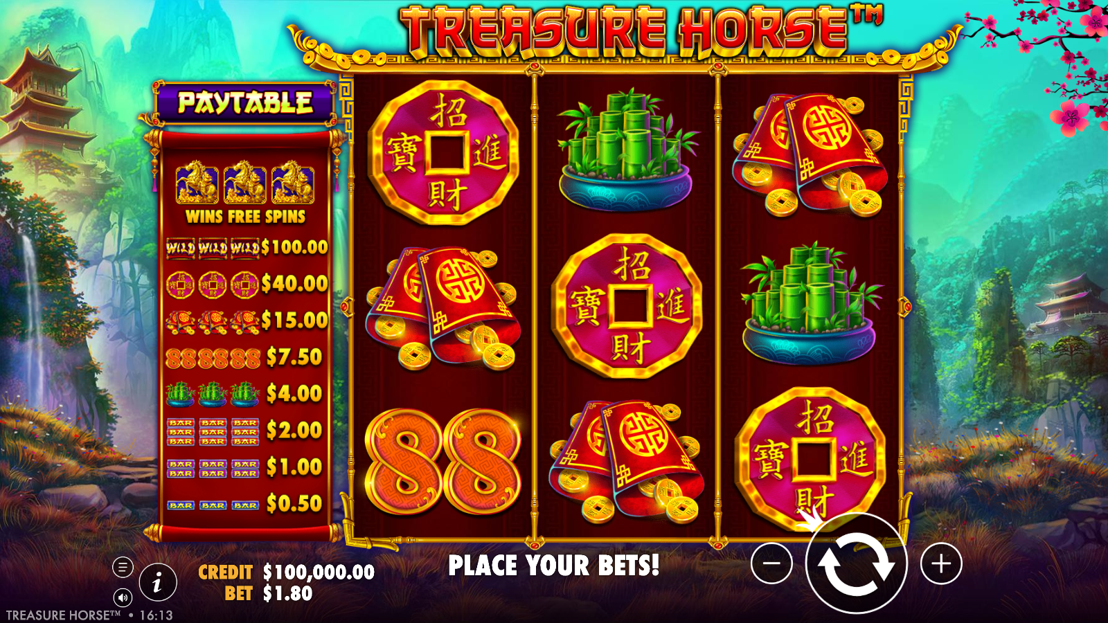 Treasure Horse base game at rest: the 3×3 grid on 18 fixed lines, with the paytable scroll on the left topped by three Golden Horses flagged WINS FREE SPINS above the WILD, charm coin, red packet, lucky 88, bamboo and BAR pays.