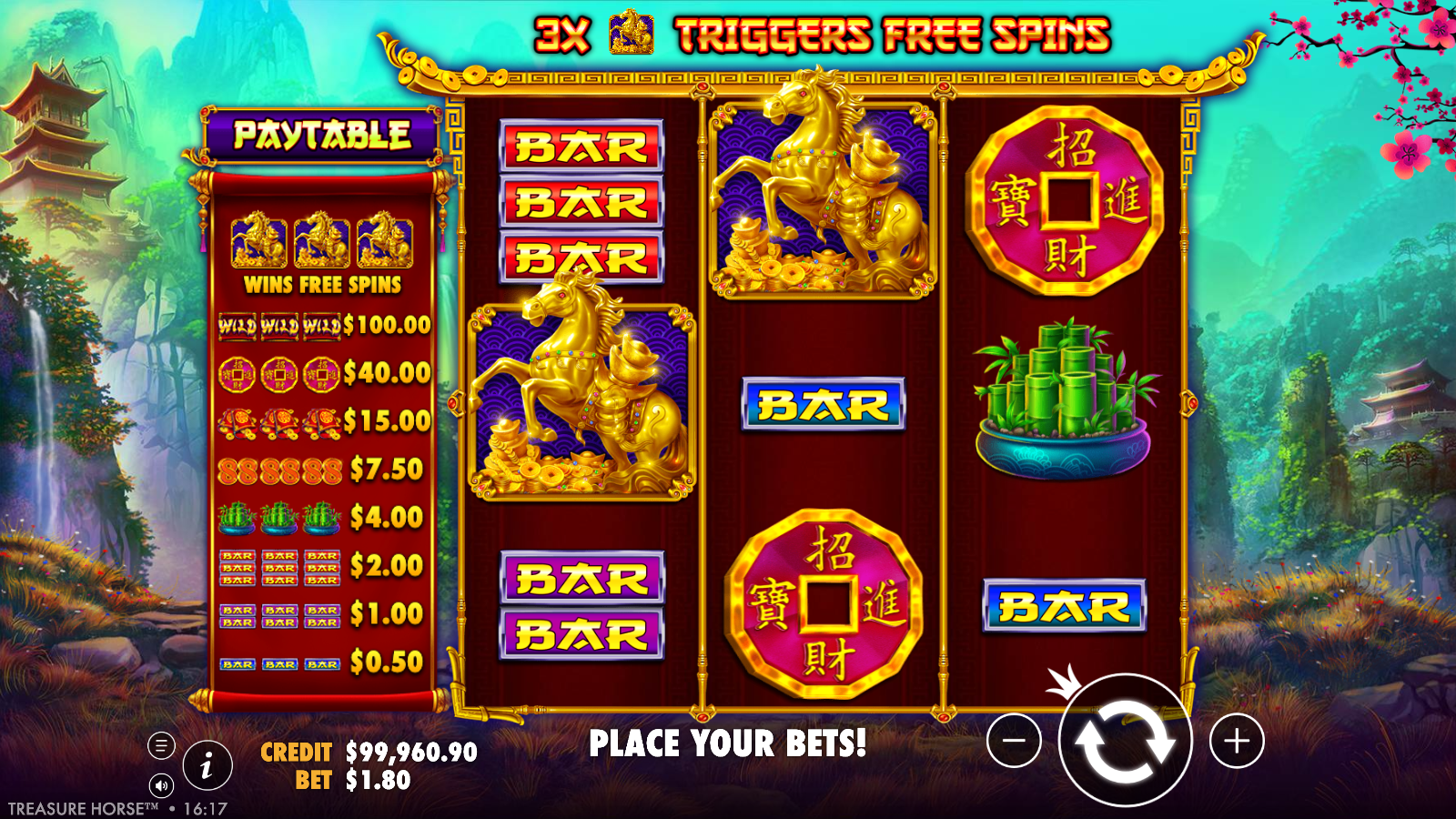 Two of the three Golden Horse scatters have landed on reels one and two, one short of the free-spins trigger, under the banner reading 3X horse triggers free spins.