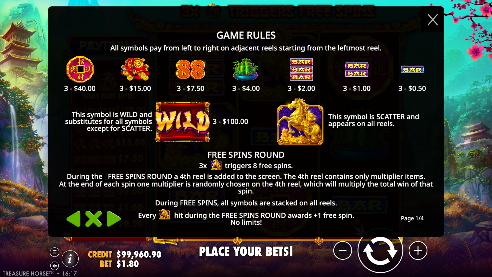 The in-game GAME RULES screen listing symbol pays, the WILD that substitutes for all but the scatter, the Golden Horse scatter, and the Free Spins Round rules.