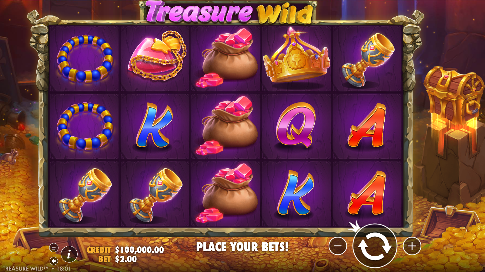 Treasure Wild base game at rest on the 5×3 grid at the A$2 default stake, showing royals, jewelled premium symbols, money bags and the golden lion-crown, with the treasure-chest accumulator beside the reels, in AUD fun-play