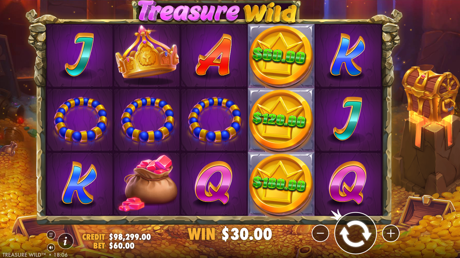 Treasure Wild near-miss: three gold Money symbols stacked on one reel worth 1×, 2× and 3× the stake, with no treasure-chest wild anywhere on the grid, so the Money values go uncollected