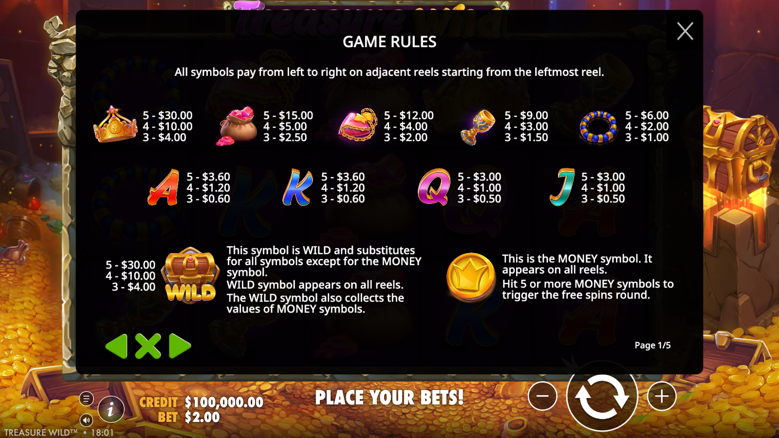 Treasure Wild in-game Game Rules screen showing the full symbol paytable, the treasure-chest wild that substitutes for all symbols except Money and collects Money values, and the note that 5 or more Money symbols trigger the free spins