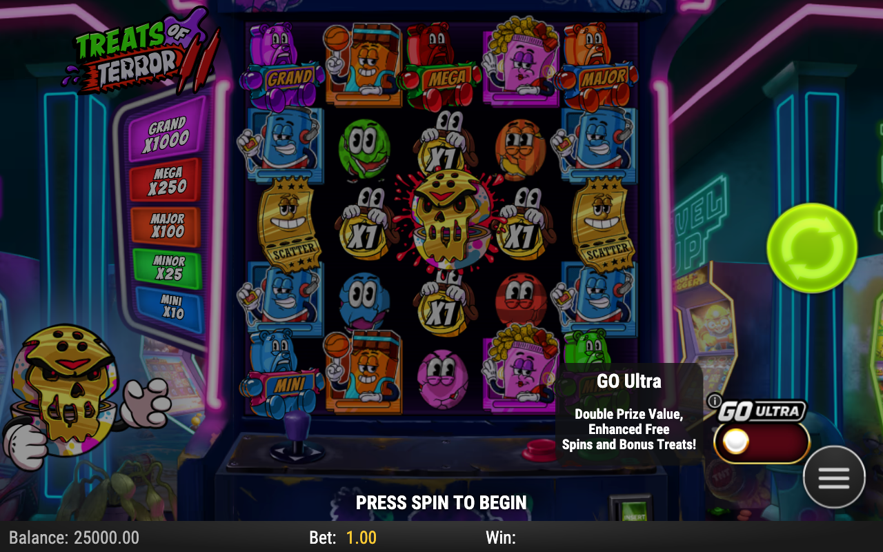 Treats of Terror II base game ready state showing the 5x5 reel grid with sentient food characters as symbols, the GO Ultra side-rail toggle visible on the right, the Bonus Treats jackpot ladder displayed on the left rail showing Grand 1000x Mega 250x Major 100x Minor 25x Mini 10x flat values at default bet, and the 1980s neon arcade backdrop