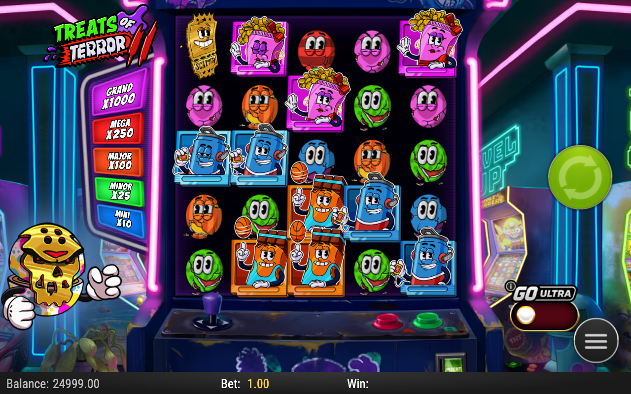 Treats of Terror II 5x5 grid mid-session showing a mix of Blue Soda Orange Chocolate Purple Popcorn high-pay symbols alongside Blue Green Orange Red Pink low-pay candy symbols and one Bonus Treat coin with a x7 value label visible on reel 3 row 4