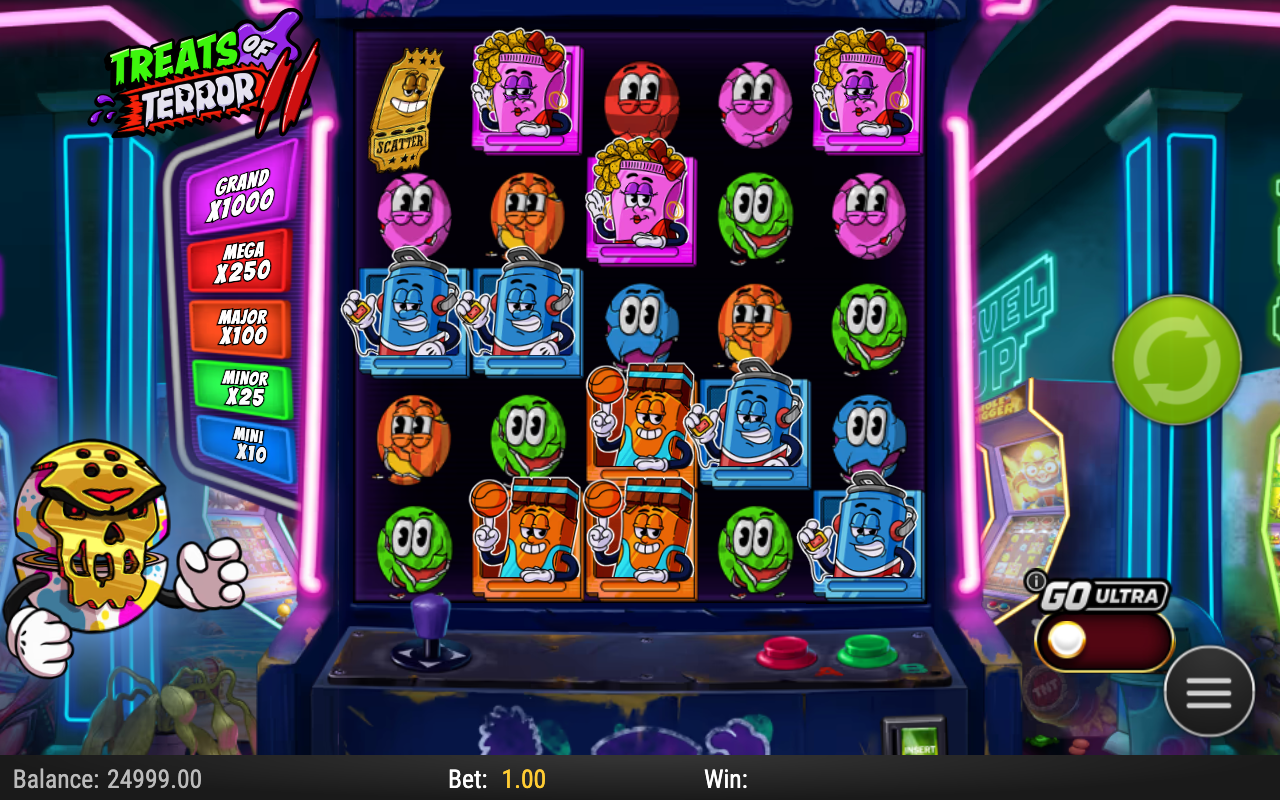 Treats of Terror II base reels showing multiple Bonus Treat coin symbols scattered across the 5x5 grid with visible value labels including x7 and x1 alongside low-pay candies and the high-pay symbols clustered around the centre