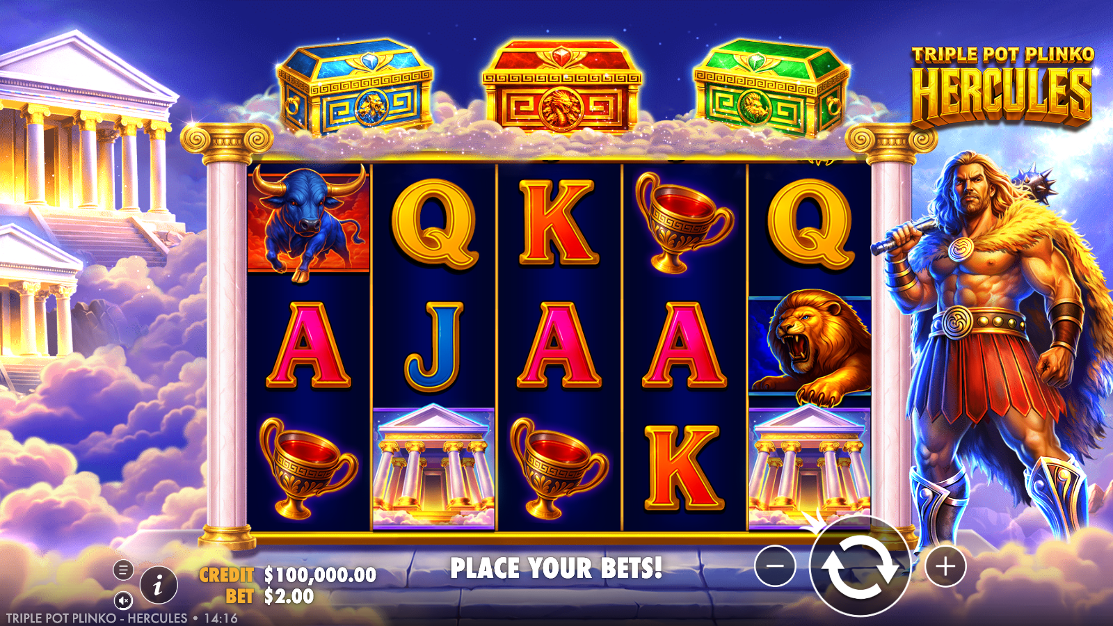 Triple Pot Plinko – Hercules base game showing a 5×3 reel set on a Mount Olympus cloudscape, the three coloured collector chests above the reels and Hercules standing on the right