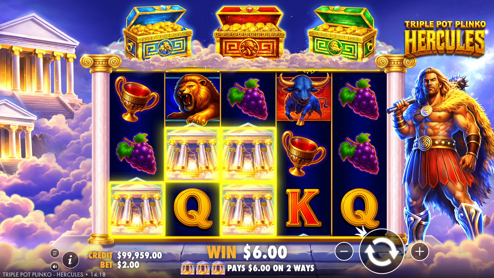 A 243-ways win in the base game with matching temple symbols on adjacent reels lit up and the win banner spelling out that the win pays across multiple ways