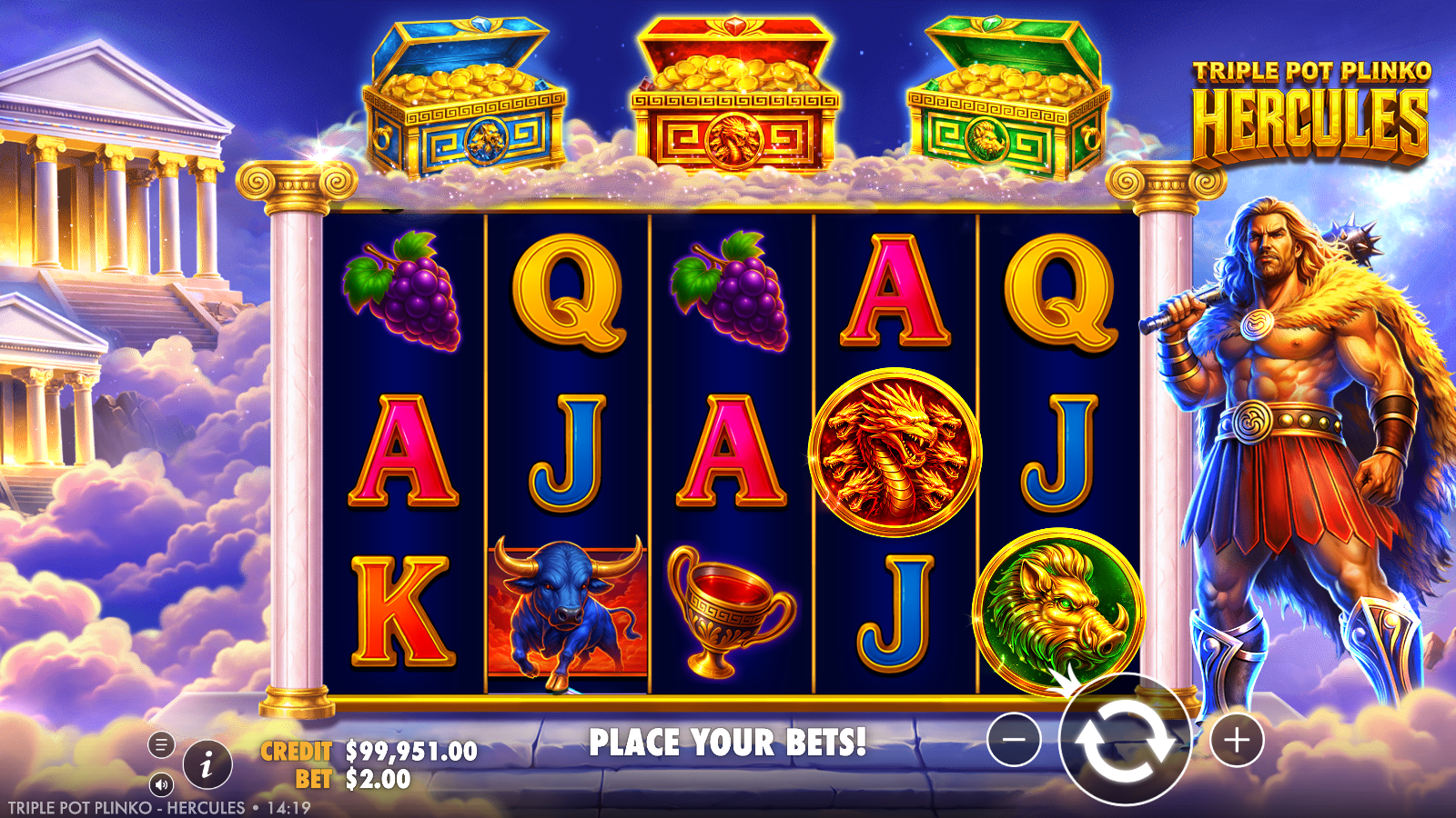 The three coloured treasure chests above the reels open and filled with gold after the matching coloured scatters land