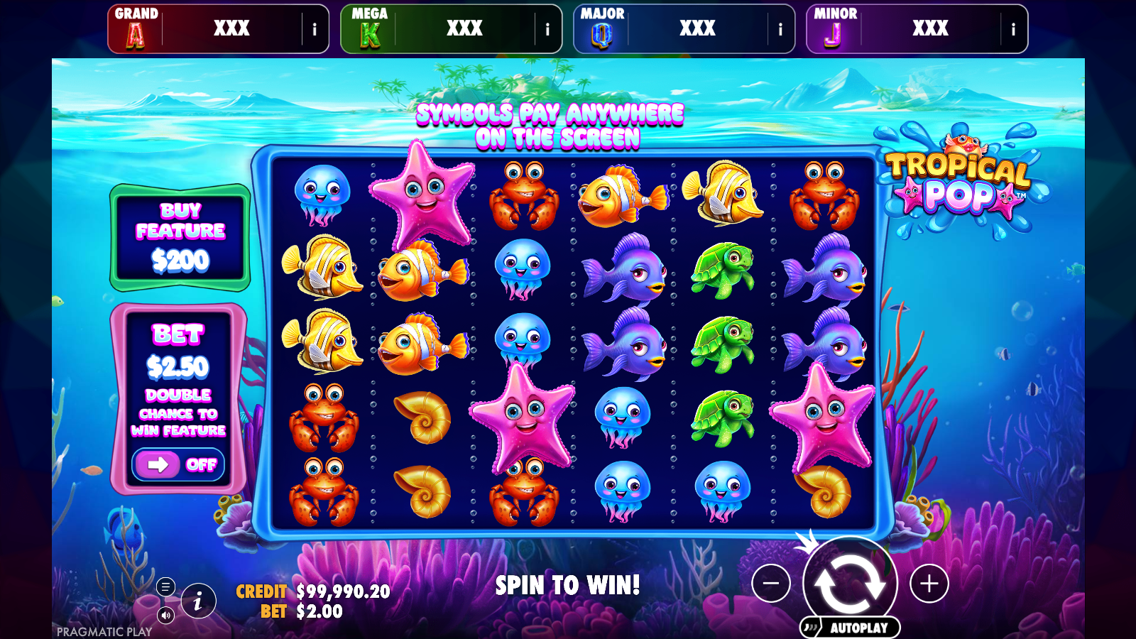 Tropical Pop Jackpot Play base game showing the 6x5 grid, the four tier jackpot bar and the Buy Feature panel