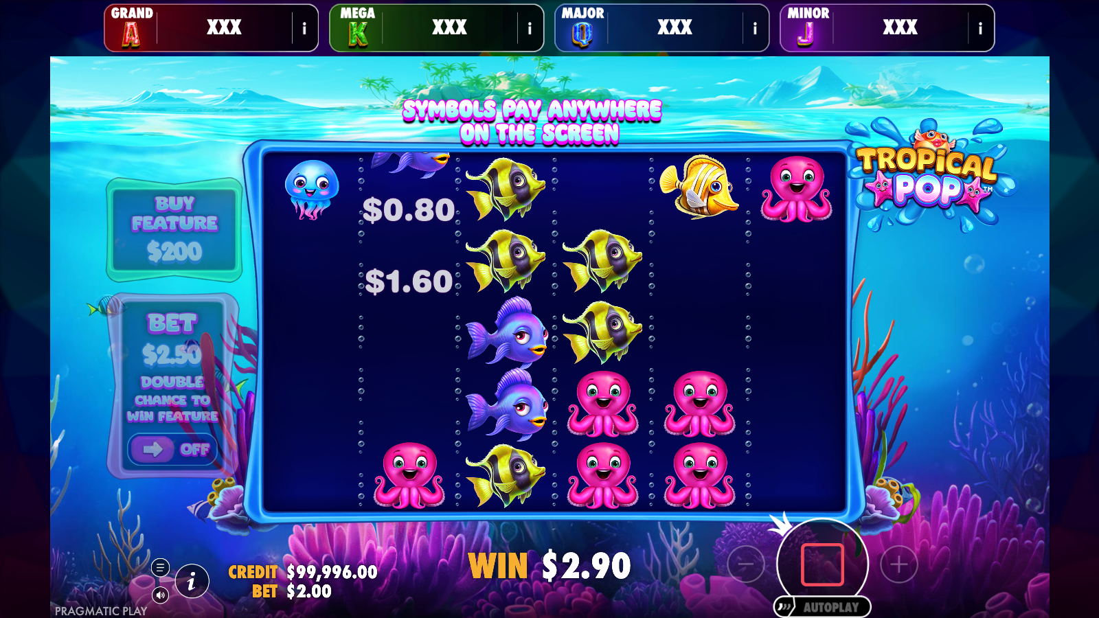 Base game tumble in progress with cleared cells paying A$0.80 and A$1.60 toward a total win of A$2.90