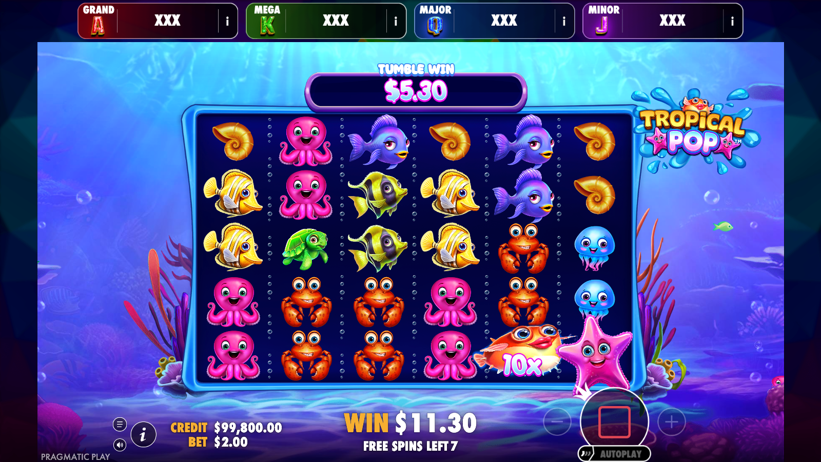Free spins round of Tropical Pop Jackpot Play with a 10x pufferfish multiplier on the grid and seven free spins left