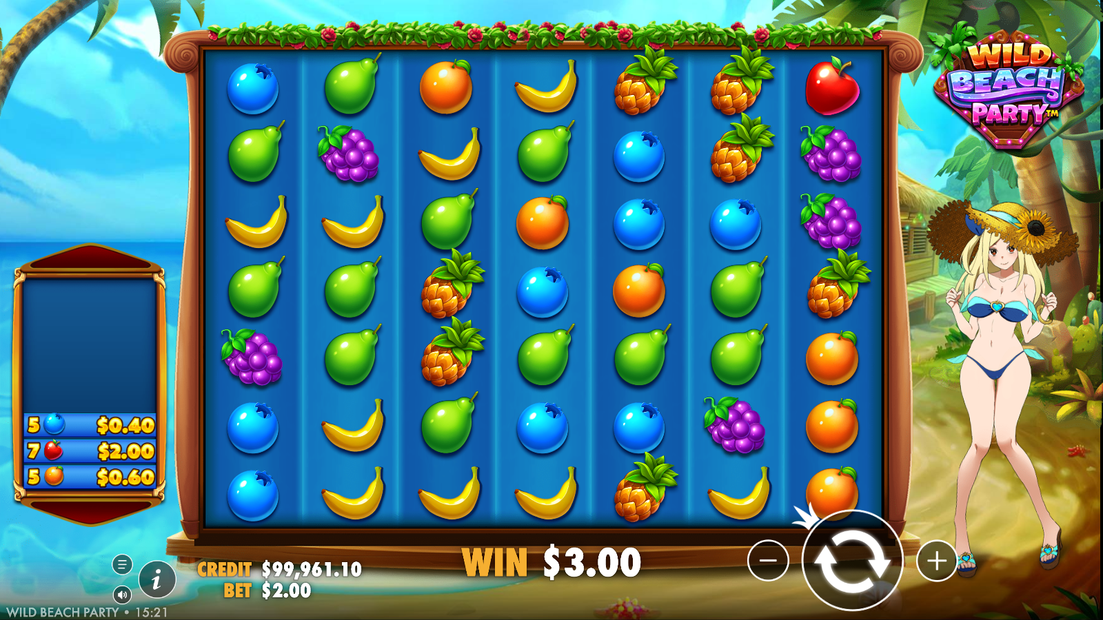 Wild Beach Party 7×7 cluster grid mid-tumble with a multi-cluster fruit win being tallied on the left panel