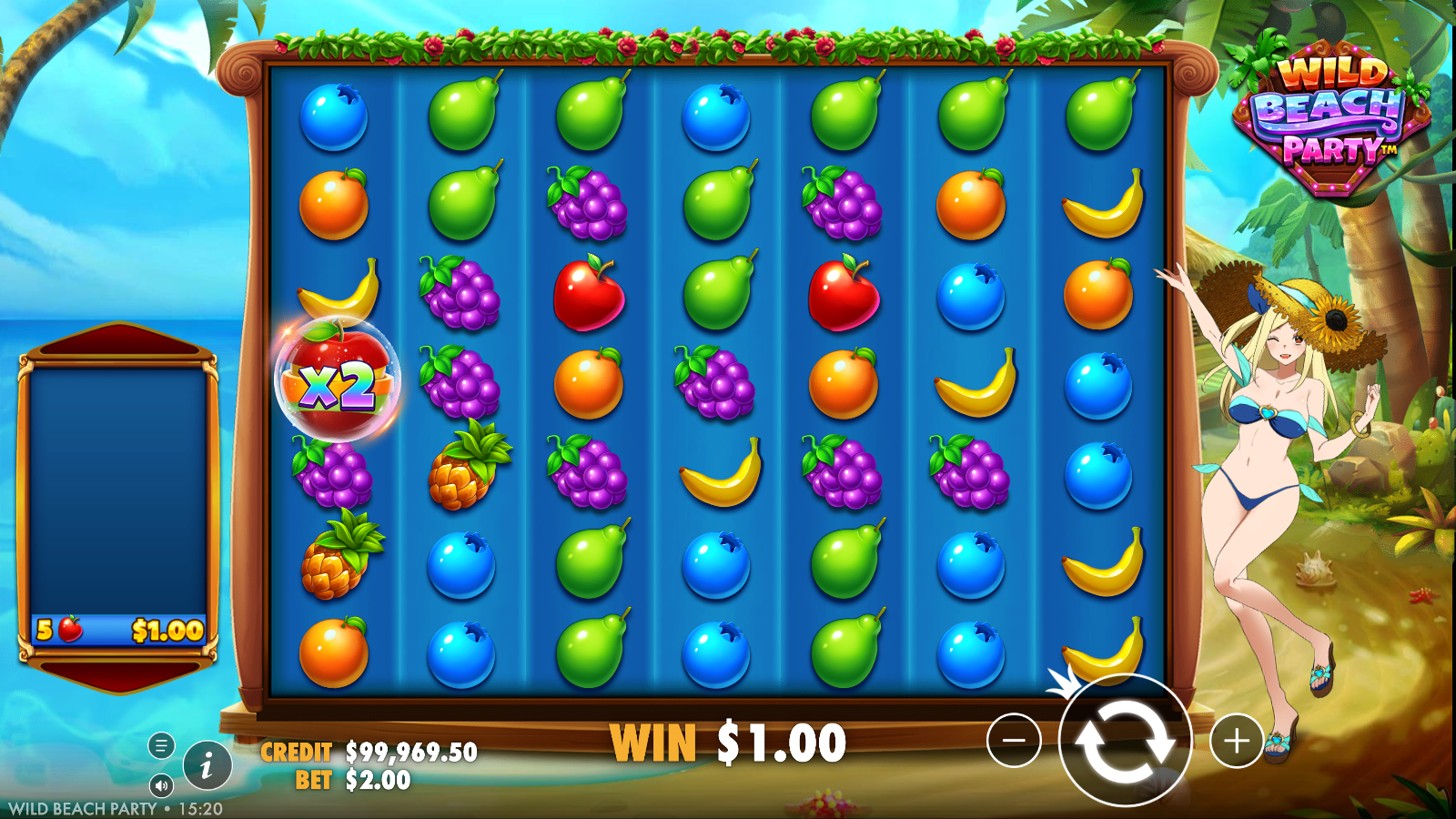 Wild multiplier orb landing in a cleared tumble position on the Wild Beach Party grid