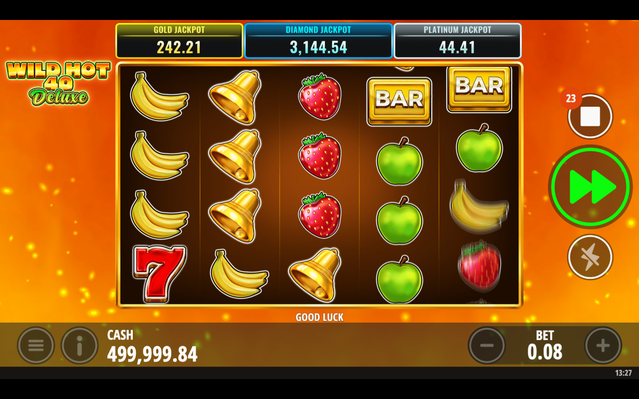 A spin in play with the three mystery jackpot meters sitting above the reels.