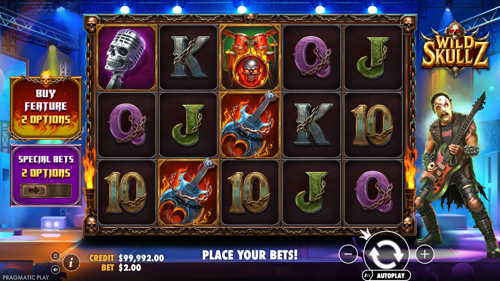 Wild Skullz base game board with the Buy Feature and Special Bets signs beside the reels
