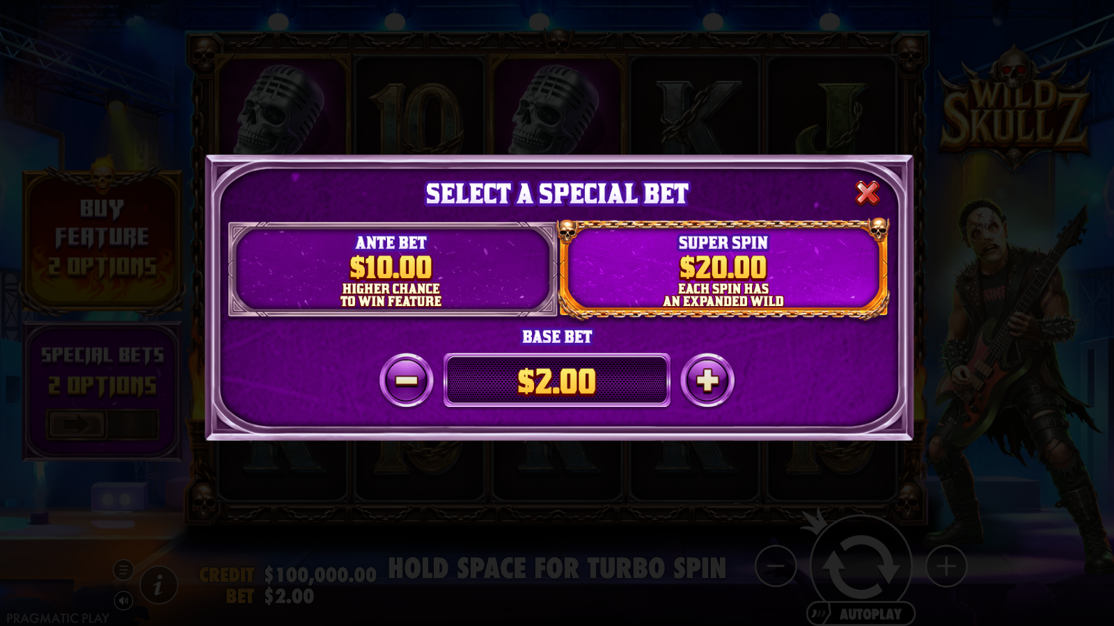 The Select A Special Bet panel in Wild Skullz showing Ante Bet and Super Spin prices at a A$2.00 base bet