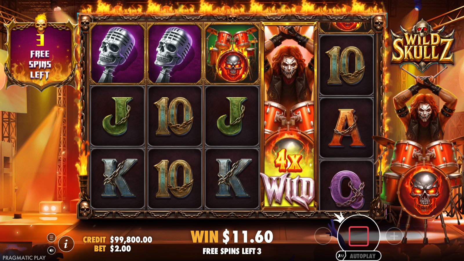 Wild Skullz free spins with an Expanded Wild on reel four showing a 4x multiplier and three free spins left